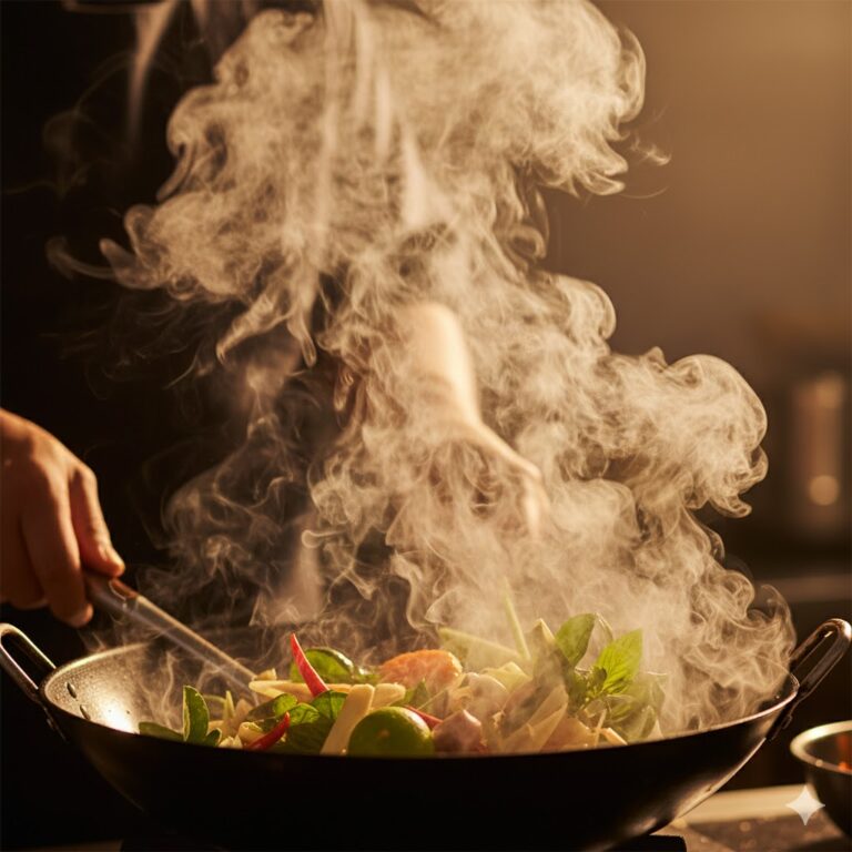 Steam rising from Thai ingredients releasing aromatic fragrance