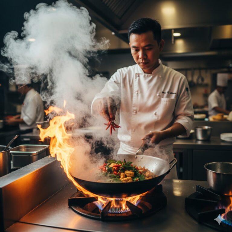 Thai chef adding chili to a dish in a hot wok