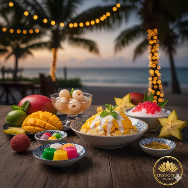 Mango, lychee, and tropical fruit arranged around a Thai dessert