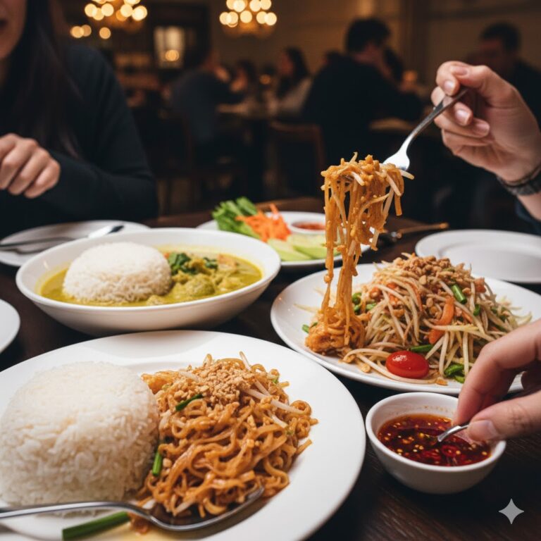 Close-up of contrasting Thai food textures on a shared dining table
