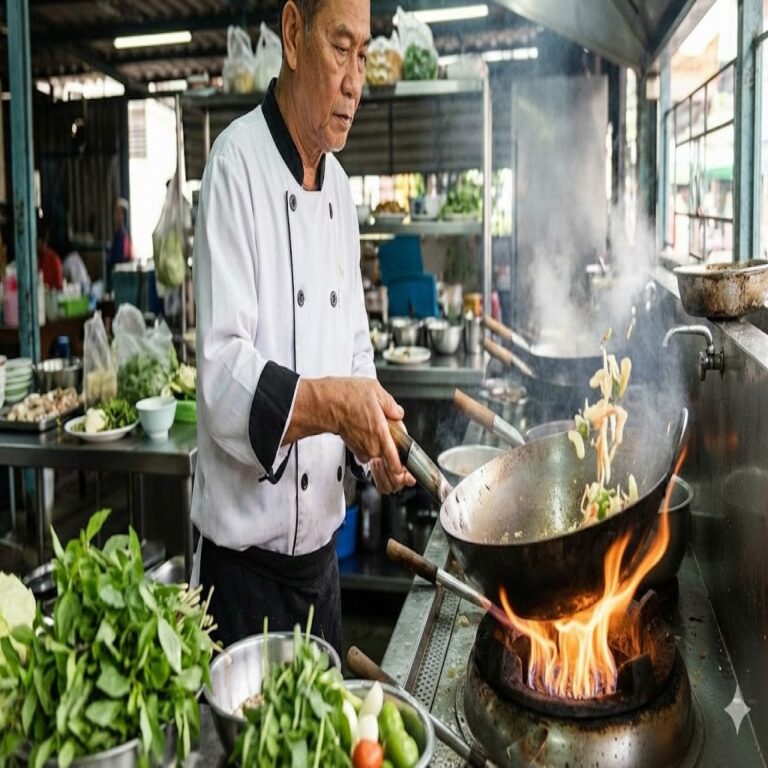 Thai chef cooking quickly over high heat in a traditional wok
