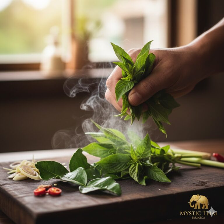 Fresh Thai basil and kaffir lime leaves releasing aroma before plating
