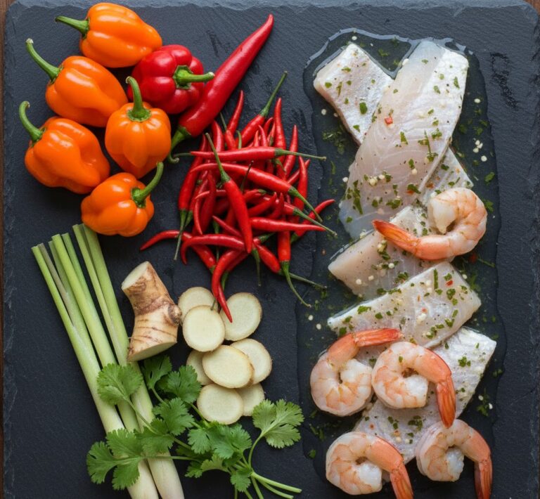 Scotch bonnet peppers and Thai chilies beside marinated seafood