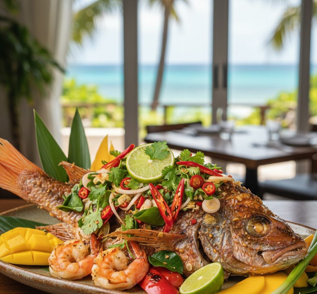Fresh Jamaican seafood prepared with Thai herbs and spices at Mystic Thai Jamaica