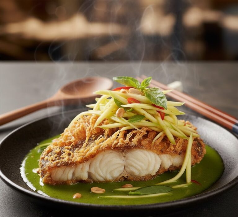 Crispy Thai dish maintaining texture on a heated plate