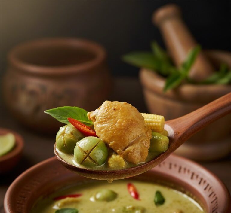 Thai curry spoonful showing sweet, sour, spicy, and savory balance