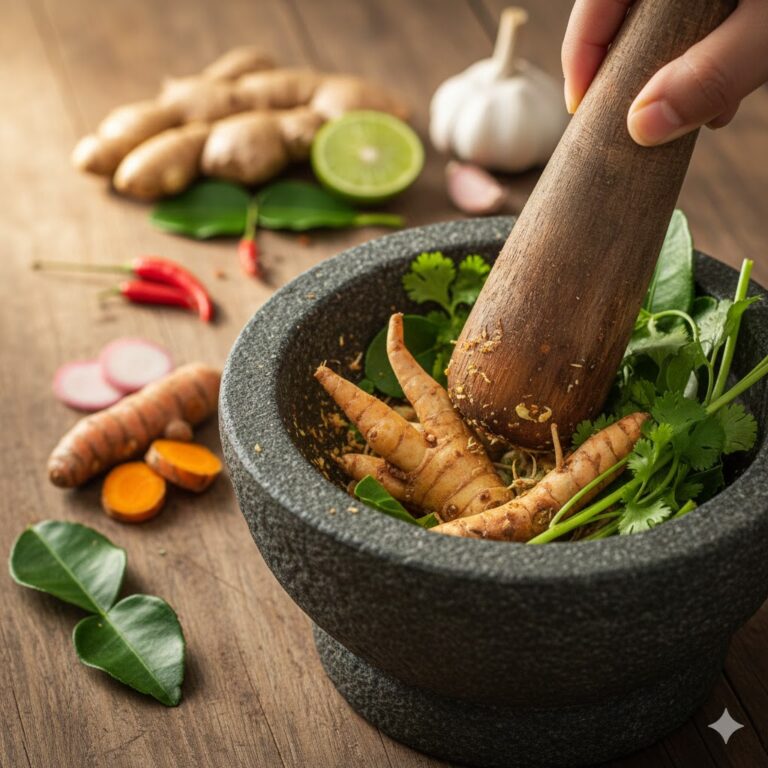 Fingerroot being crushed with herbs in a stone mortar