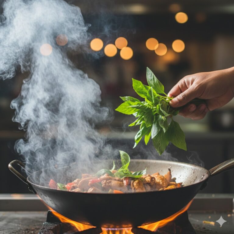 Thai basil being added at the final moment of cooking in a hot wok