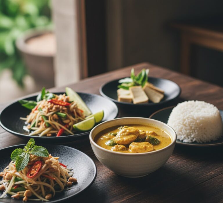Thai meal with contrasting textures and balanced colors
