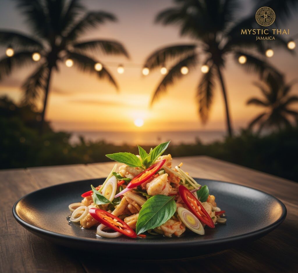 Balanced Thai dish showcasing herbs, chilies, and fresh ingredients at Mystic Thai Jamaica