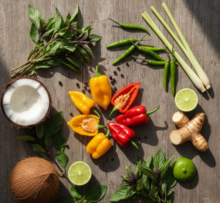 Fresh Jamaican produce and Thai herbs arranged for cooking