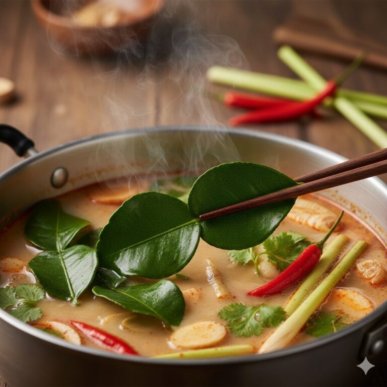 Lime leaves infusing aroma in a Thai soup during cooking
