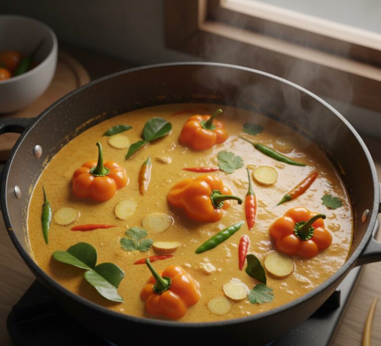 Coconut curry simmering with Scotch bonnet peppers in a Thai kitchen