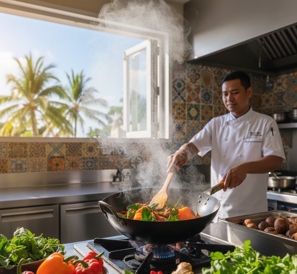 Scotch bonnet peppers being combined with Thai herbs in a kitchen at Mystic Thai Jamaica