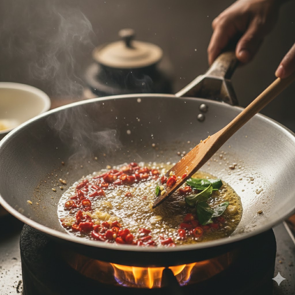 Thai red chilies releasing aroma and gentle heat in wok