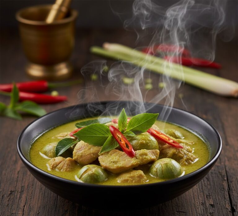 Steam rising from a bowl of Thai curry