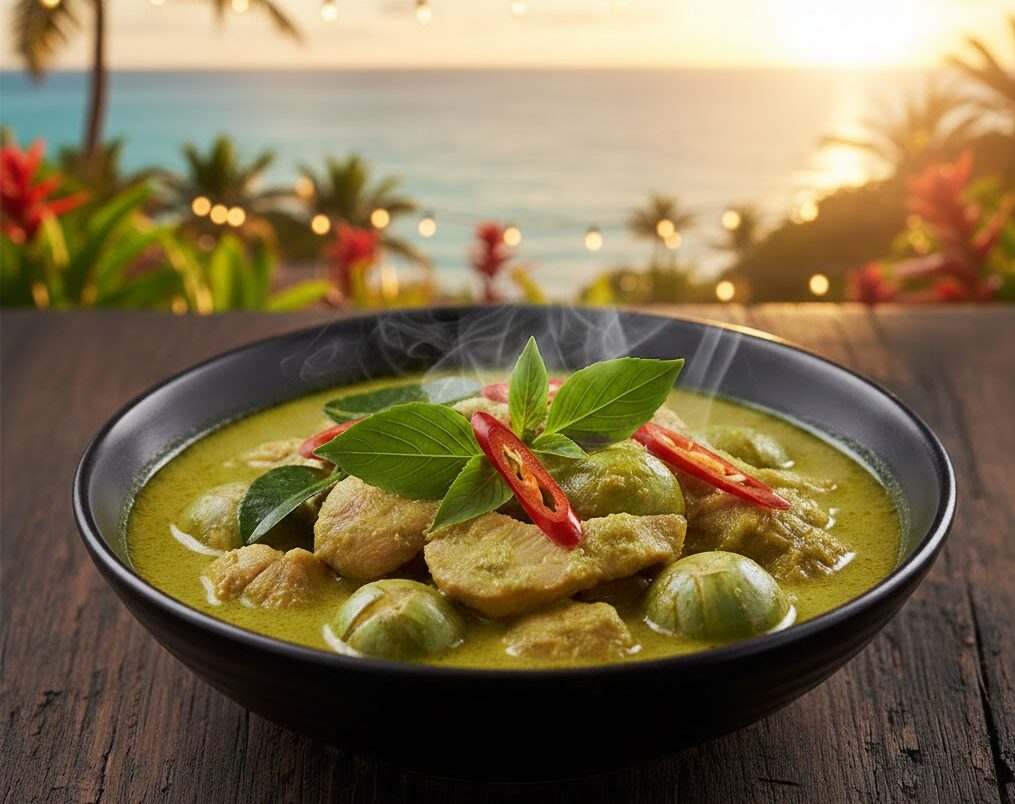 Thai curry served with coconut milk, herbs, and chilies at Mystic Thai Jamaica