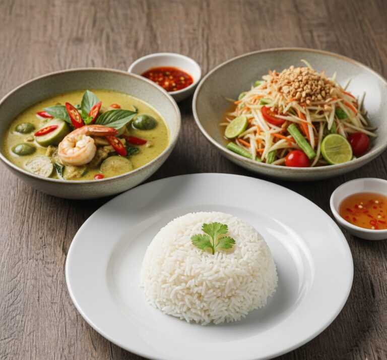Thai curry, salad, and rice served together in balance