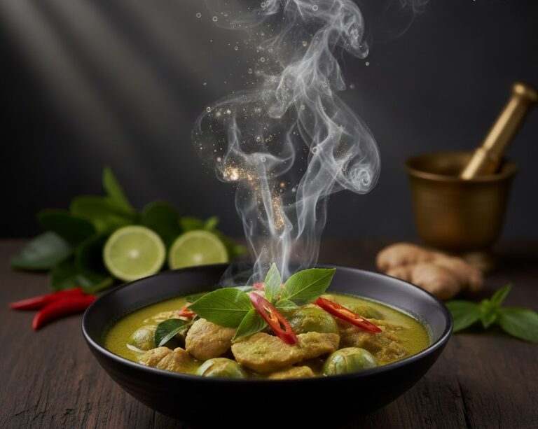 Steam rising from Thai food carrying herbal aroma