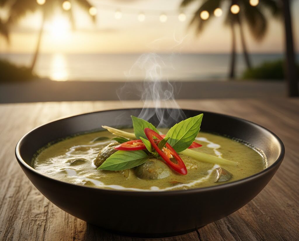 Balanced Thai dish with herbs, chilies, and coconut milk at Mystic Thai Jamaica