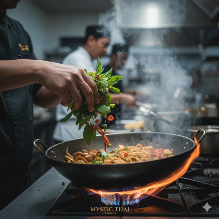 Thai chef adding fresh herbs at the perfect moment during cooking