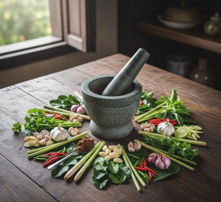 Thai ingredients being prepared using traditional techniques