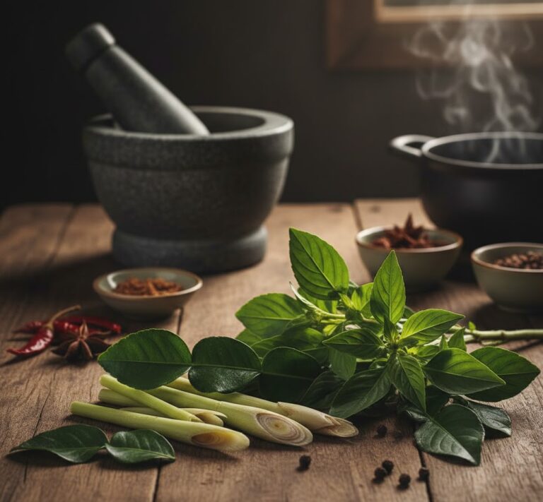 Thai basil, lemongrass, and kaffir lime leaves on a prep table