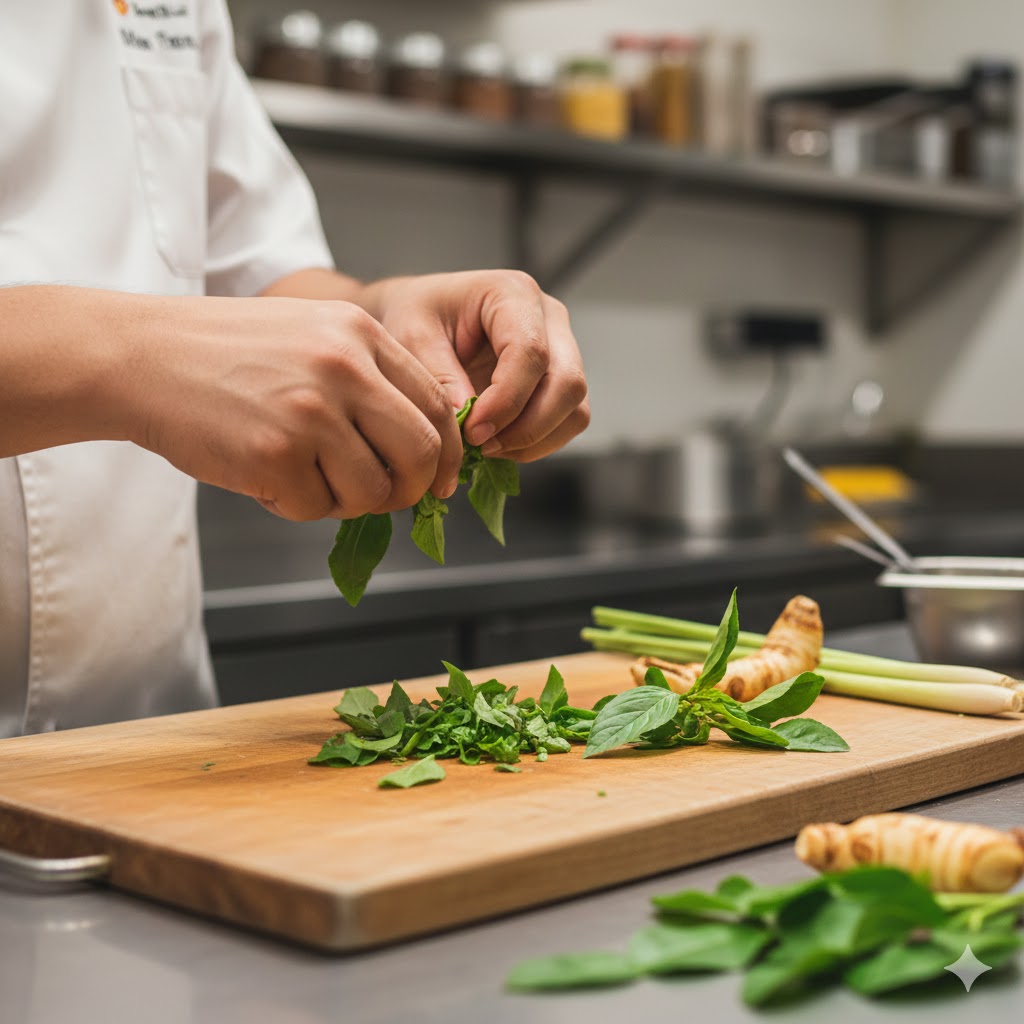 Thai chef tearing fresh basil and herbs by hand in kitchen preparation