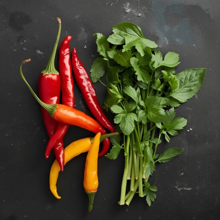 Scotch bonnet and Thai chilies placed beside fresh herbs