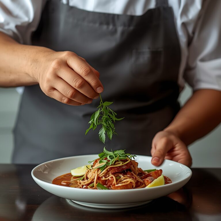 Chef finishing a Thai dish with fresh herbs after smelling it
