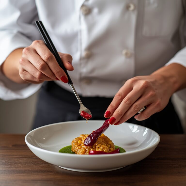 Thai chef carefully finishing a dish with minimal garnish