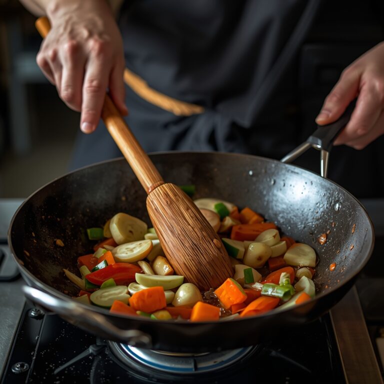 Thai chef quickly stir-frying fresh ingredients in a wok