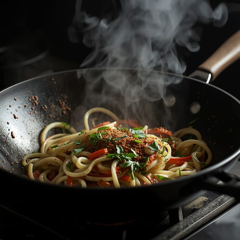 Steam carrying Thai herb fragrance from a wok