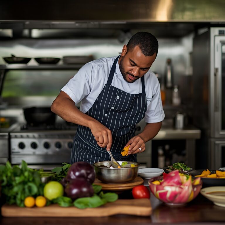 Chef preparing Thai dish with fresh Caribbean produce in a Jamaican kitchen setting
