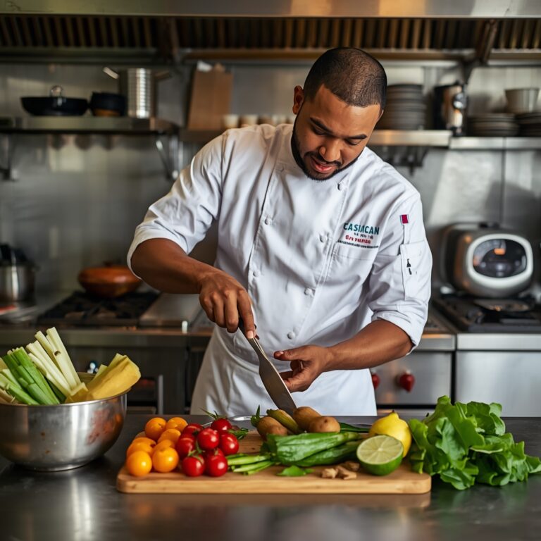 Chef combining Caribbean produce with Thai spices in a vibrant kitchen setting at Mystic Thai Jamaica