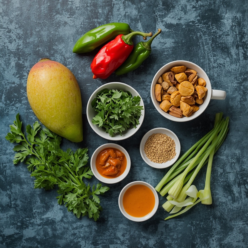 Fresh Caribbean mango, scotch bonnet pepper, and herbs alongside Thai curry ingredients showing flavor balance