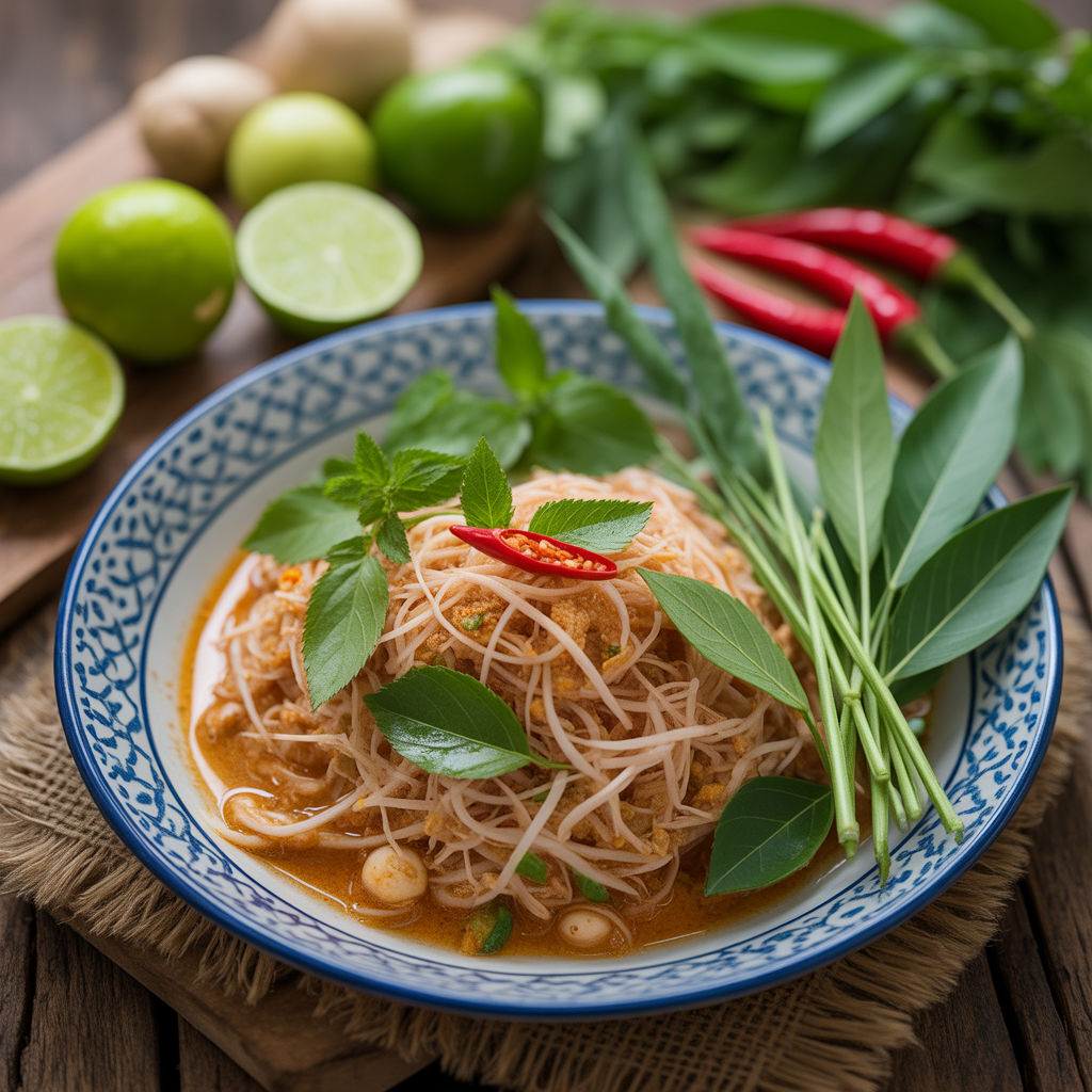 Fresh Thai ingredients including herbs, lime, and chili used to create vibrant dishes at Mystic Thai Jamaica
