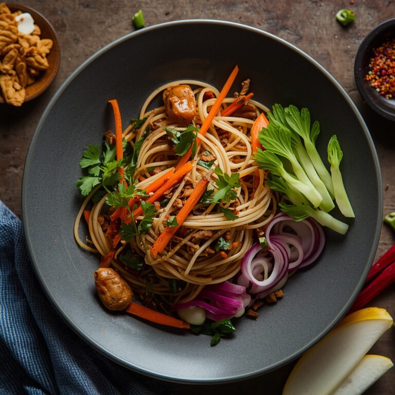 A colorful Thai dish with balanced ingredients showcasing herbs, spices, and fresh vegetables