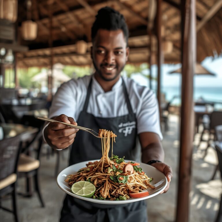 Chef presenting Thai dish with Jamaican coconut and herbs in an open-air Caribbean restaurant