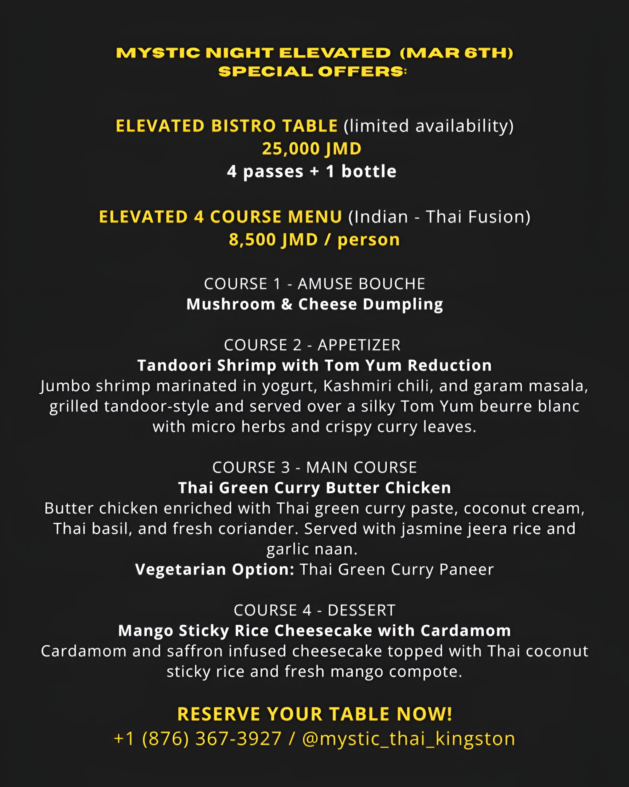 Mystic Night Elevated four course Indian Thai fusion menu at Mystic Thai Kingston