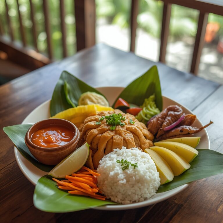 A harmonious Thai meal platter served in a warm, tropical setting in Jamaica