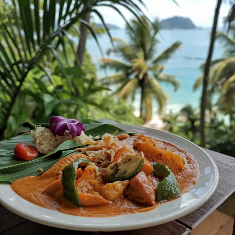 Vibrant Thai curry served in a lush tropical setting in Jamaica with palm leaves and ocean view
