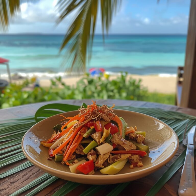 Colorful Thai meal on a wooden table with palm leaves and ocean view in Jamaica