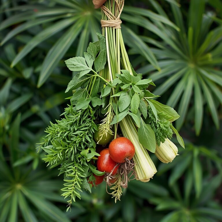 Vibrant bundle of fresh Thai herbs with tropical foliage background in Jamaica