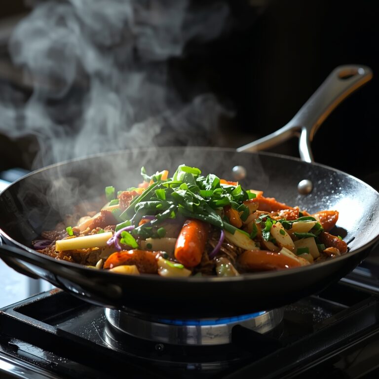 Thai stir-fry dish with vegetables, herbs, and steam rising from the pan